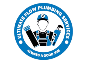 Blue and white logo of a construction man and ultimate flow plumbing services and Fittings written around him